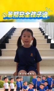 暑假安全孩子說：下雨天路滑，走路慢慢走！